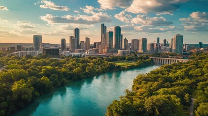 Fototapeta premium Austin City Skyline River And Lush Green Trees