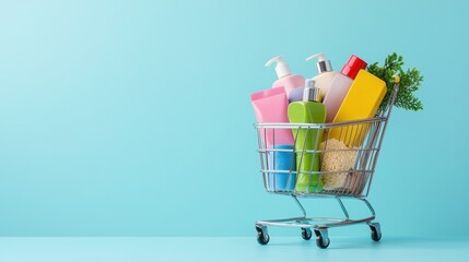 Consumer behavior insights. Shopping cart filled with colorful bottles of skincare and beauty products against a turquoise background.