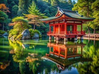 Serene Japanese Shrine on Water - Tranquil Reflections and Ancient Architecture