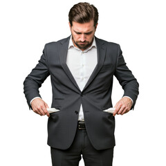 A sad businessman showing his empty pockets with a disappointed expression, transparent background


