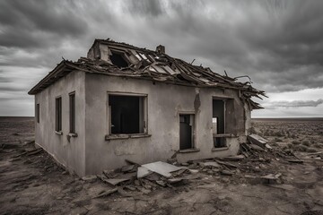 Obraz premium A damaged house with broken windows, collapsed roof, and crumbling walls, set in a desolate landscape.