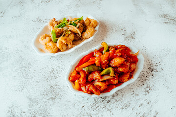 Sweet and Sour Chicken and Garlic Shrimp Stir Fry Duo Plating