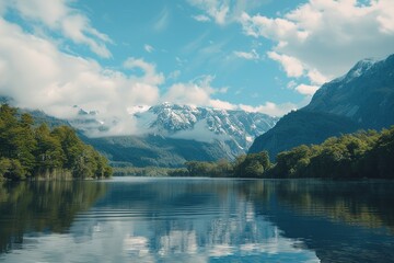 A serene mountain lake surrounded by lush green forests, with crystal-clear water reflecting the distant snow-capped peaks and fluffy clouds above. 