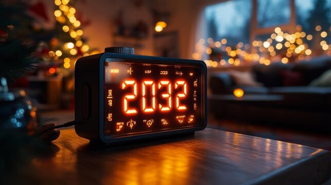 Modern 2032 digital countdown timer with festive decor. Generative AI
