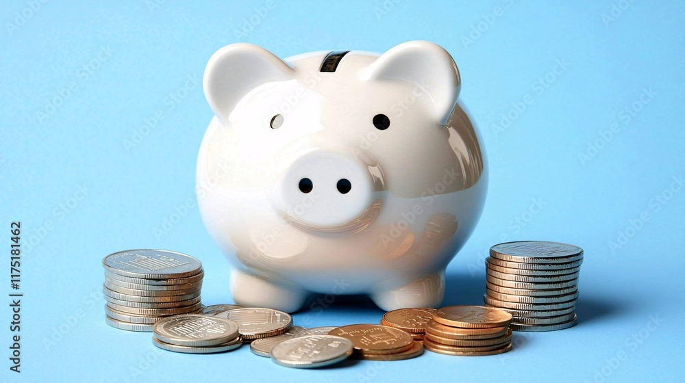 Poster savings goals piggy bank surrounded by stacks of coins stock photo with side copy space