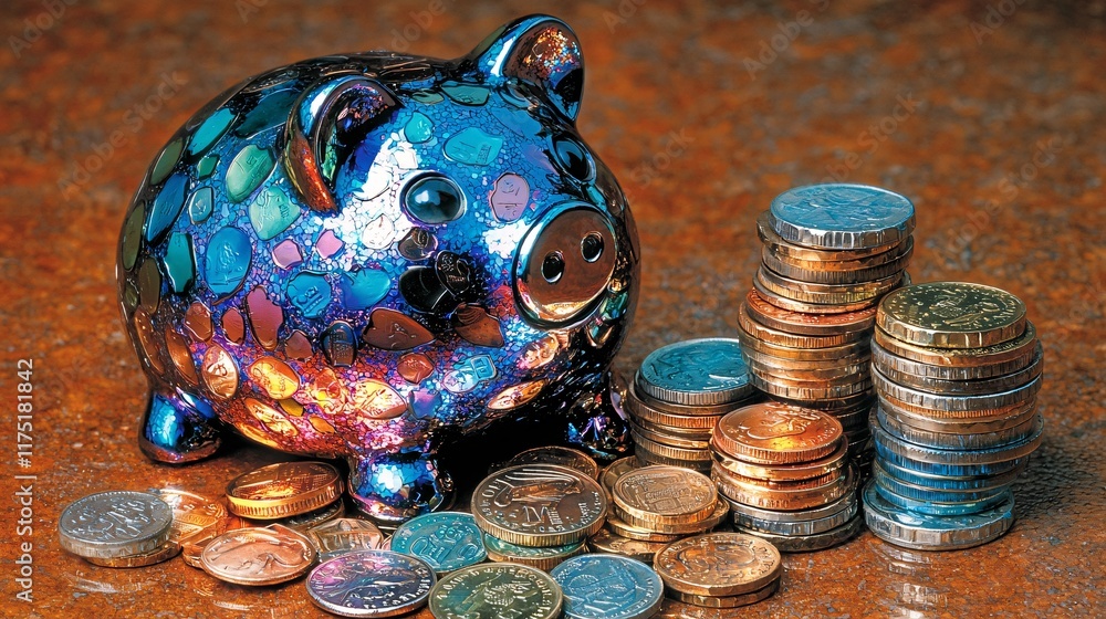 Poster savings goals piggy bank surrounded by stacks of coins stock photo with side copy space
