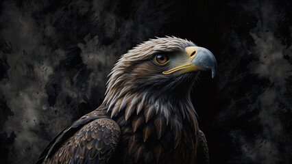 Obraz premium Detailed close up photo of an eagle with a strong beak in professional photo session set against a dark background