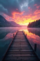 Obraz premium Wooden dock extends into a mysterious mist-shrouded lake at sunrise, wooden dock, vastness