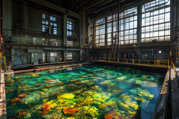 A vibrant view of crystal-clear water powering turbines, with sunlight reflecting off the metallic surfaces, with copy space. Bright natural light. Energetic industrial background. 