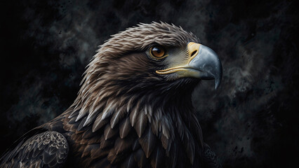 Fototapeta premium Intense eagle with sharp beak photographed in professional photo session with dark atmospheric background