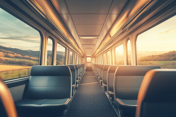 Fototapeta premium A modern train interior with sleek leather seats, wide windows, and soft lighting, with copy space. Bright natural light. Scenic countryside background through the windows.