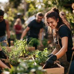 A group of people gardening together in a community garden, smiling and working collaboratively.