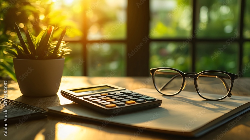 Aufkleber budget planning tools like calculators and notebooks in use stock photo with side copy space