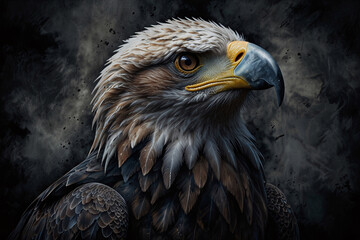 Majestic eagle with powerful beak set against dark background captured in professional wildlife photography session
