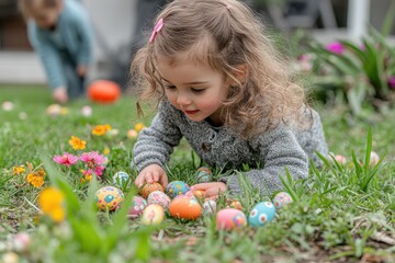 Easter Egg Hunt Scene A dynamic outdoor image capturing children eagerly searching for Easter eggs in a blooming garden. Ideal for family-oriented or community event promotions.
