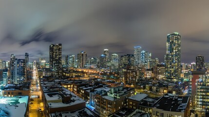 A wide panorama of Chicago's cityscape at night, the skyline sparkling against the dark sky, highlighting its urban elegance and charm.