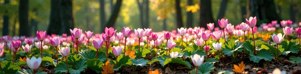 A carpet of white and pink cyclamen flowers covers the forest floor, with autumn color nearby, cyclamen, natural scenery, autumn leaves
