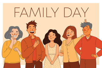Happy family father and mother, grandma with grandpa and daughter, international family day card, vector cartoon illustration