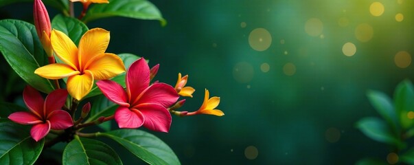 A lush green branch with gold accents and colorful tropical flowers in full bloom, florals, foliage