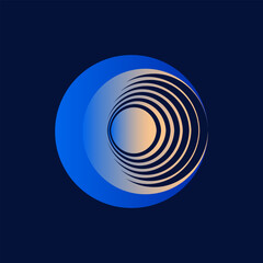 Sacred geometry circle logo emblem. Modern, geometric, spa style icon isolated on dark blue fund. Circular minimal deco design lines. Shiny spiral night eye neon color alchemy symbol.