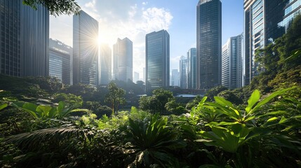 Lush Greenery Contrasts Modern City Skyscrapers