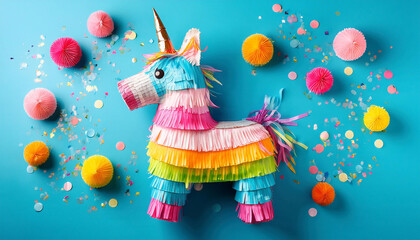 colourful unicorn pinata surrounded by using confetti and candy on blue historical past