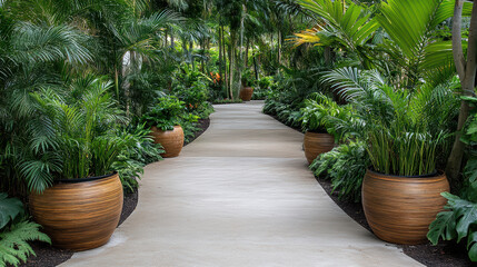 Fototapeta premium Lush tropical garden pathway with exotic plants and decorative pots