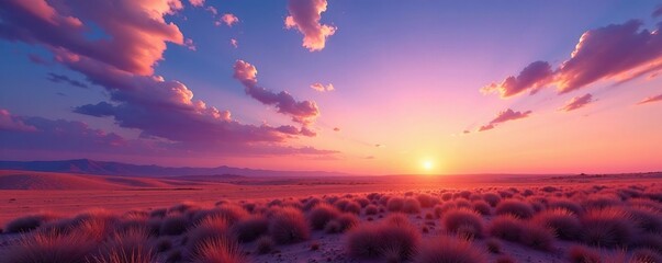 Fototapeta premium A vast open plain at sunset with wispy clouds and a bright blue sky, purple, warm tones