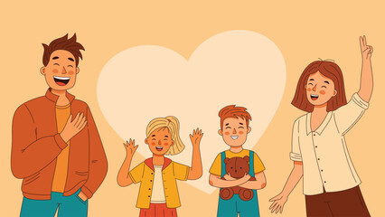 Happy family father and mother parents, boy and girl children in casual clothes vector cartoon flat illustration