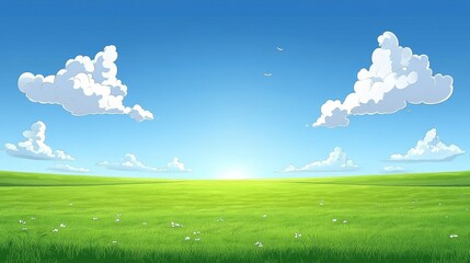 Fototapeta premium Serene Landscape Expansive Green Field Under a Vivid Blue Sky with Puffy Clouds