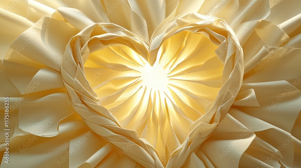 Aufkleber folded paper in a heart shape with intricate layers forming a sun-like shadow pattern, captured on a