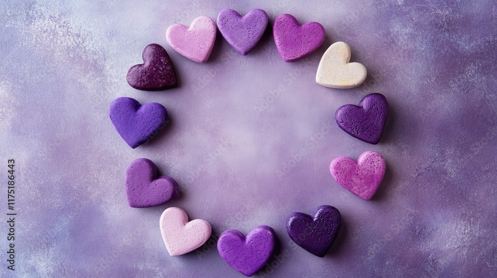 Poster handmade hearts arranged in a circular pattern on a smooth violet background, creating a vibrant val