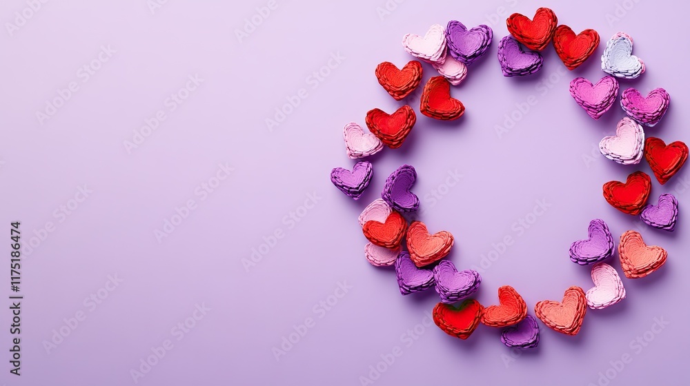 Poster handmade hearts arranged in a circular pattern on a smooth violet background, creating a vibrant val