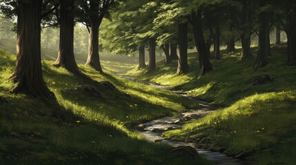 Obraz premium Serene Forest Stream Sunlight Through Trees