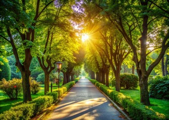 Serene Park Alleyway: Sunlit Path and Lush Greenery
