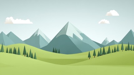 Naklejka premium Serene Low-Poly Mountain Range and Verdant Valley Landscape