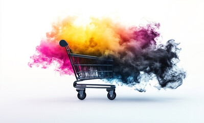 Colorful smoke emerges from shopping cart representing consumerism in a creative design