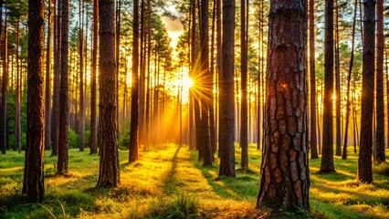 Fototapeta premium Serene Pine Trees: Sunlit Conifers with Soft Focus Detail