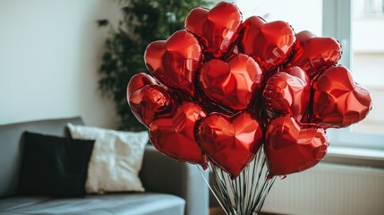 Red heart balloons arranged in a bouquet, placed in a stylish vase on a cozy living room table for Women's Day.