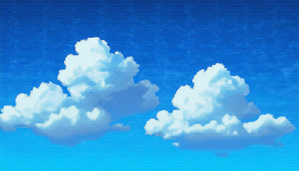 a pixel artwork background depicting a clear blue sky with fluffy clouds appropriate for a platformer or adventure recreation
