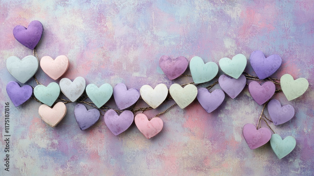 Poster romantic handmade hearts placed in a cascading pattern on a smooth violet background, perfect for lo
