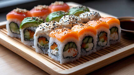 Set on a traditional bamboo sushi mat, this platter of vegan sushi rolls features vibrant colors from avocado, cucumber, and carrot slices, and a small dish of soy sauce on the side.