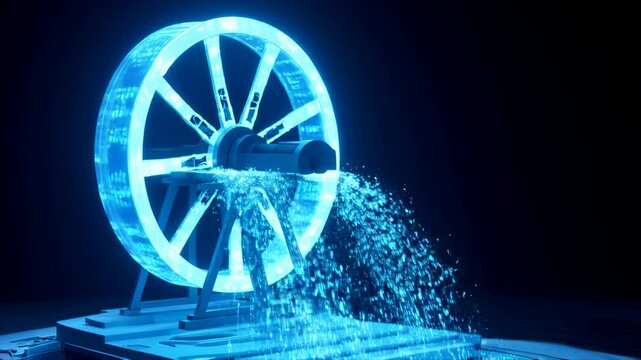 Digital watermill with binary code streams flowing through its wheel symbolizes data as the lifeblood of modern processes, fueling innovation and systems
