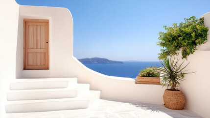 serene white building with wooden door, overlooking blue sea