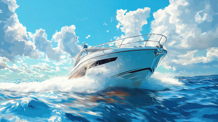 Motor boat cutting through the open sea at high speed creating a thrilling oceanic scene