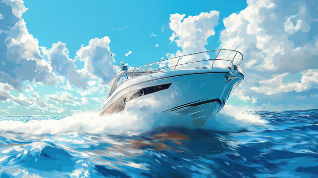 Motor boat cutting through the open sea at high speed creating a thrilling oceanic scene