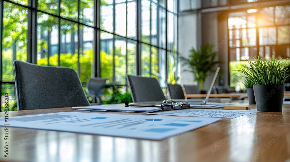 Poster wealth management documents reviewed in a corporate setting stock photo with side copy space