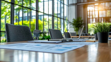 Fototapeta premium Wealth management documents reviewed in a corporate setting Stock Photo with side copy space