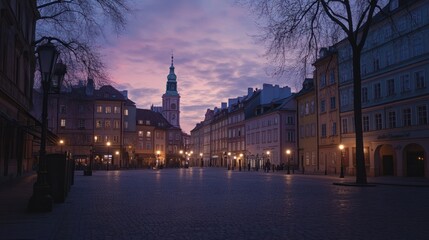 Fototapeta premium A peaceful panorama of the Old Town square at twilight, with historic landmarks lit by streetlights and a serene ambiance