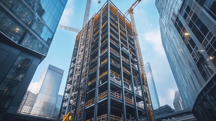 Fototapeta premium Steel Frame Skyscraper Under Construction Surrounded By Modern Buildings